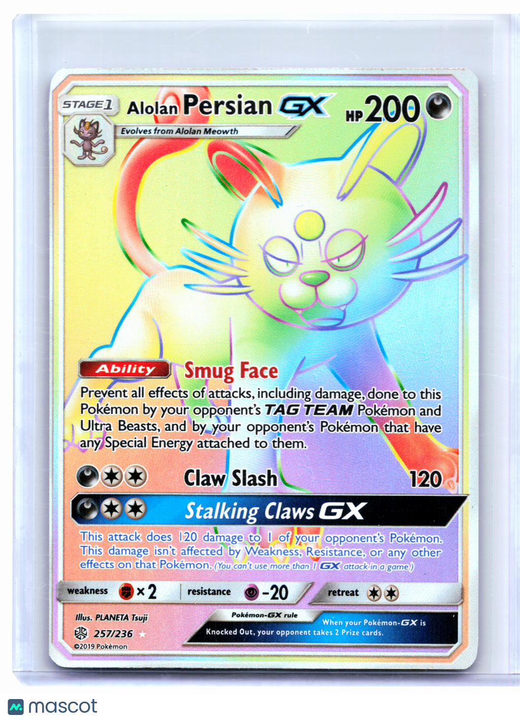 2019 Pokemon—Alolan Persian GX #257/236 Cosmic Eclipse—Secret Rare Rainbow