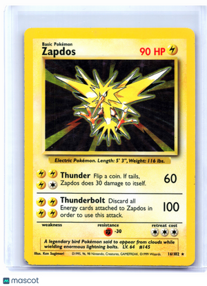 1999 Pokemon—Zapdos #16/102 Base Set—Holo Rare [Heavily Played]