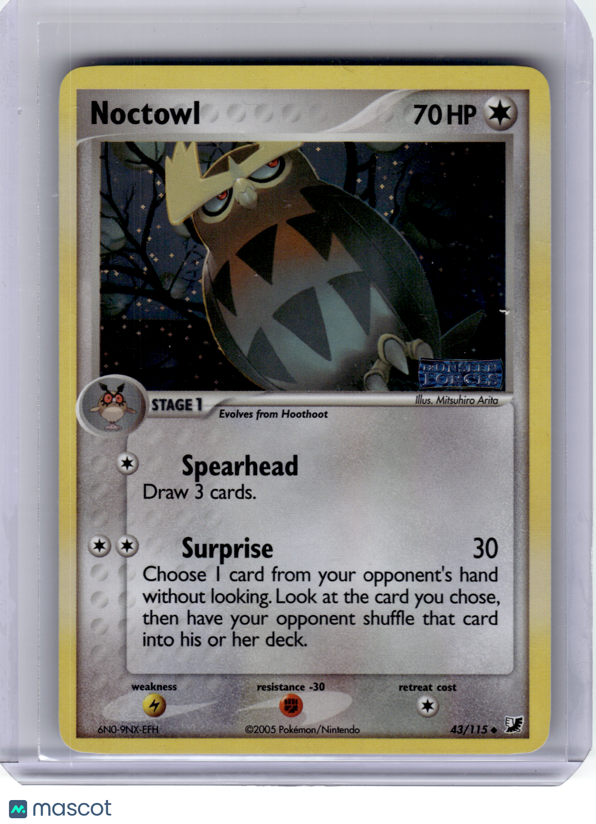 2005 Pokemon—Noctowl #43 EX Unseen Forces—Uncommon Reverse Holo (Stamped) [MP]