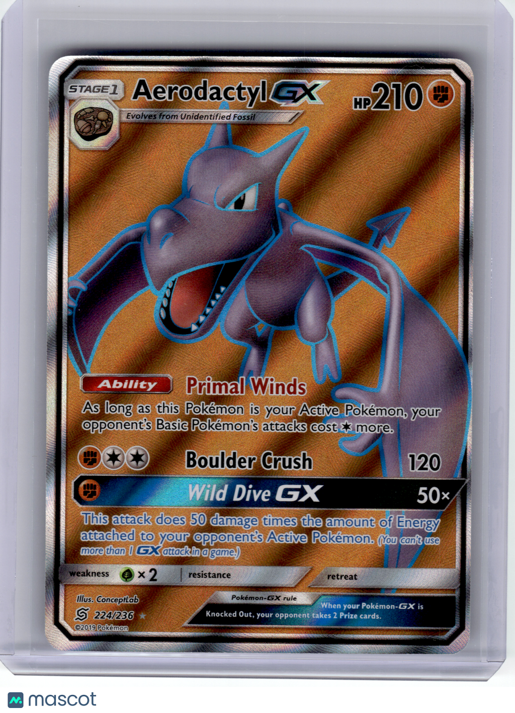2019 Pokemon—Aerodactyl GX #224 Unified Minds—Ultra Rare Holo (Full Art)