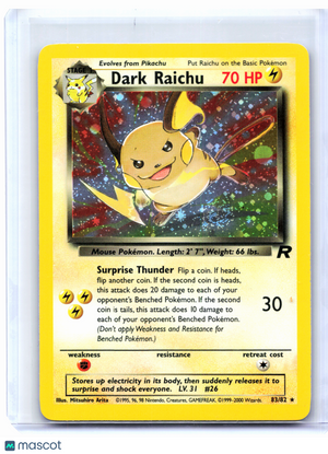 2000 Pokemon—Dark Raichu #83/82 Team Rocket—Secret Rare Holo