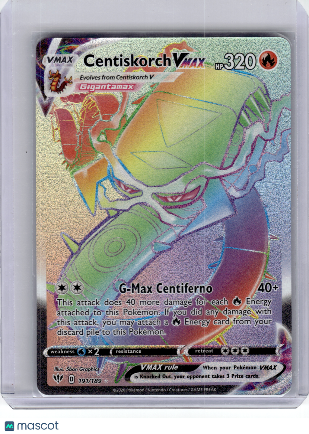 2020 Pokemon—Centiskorch VMAX #191 Darkness Ablaze—Secret Rare Rainbow