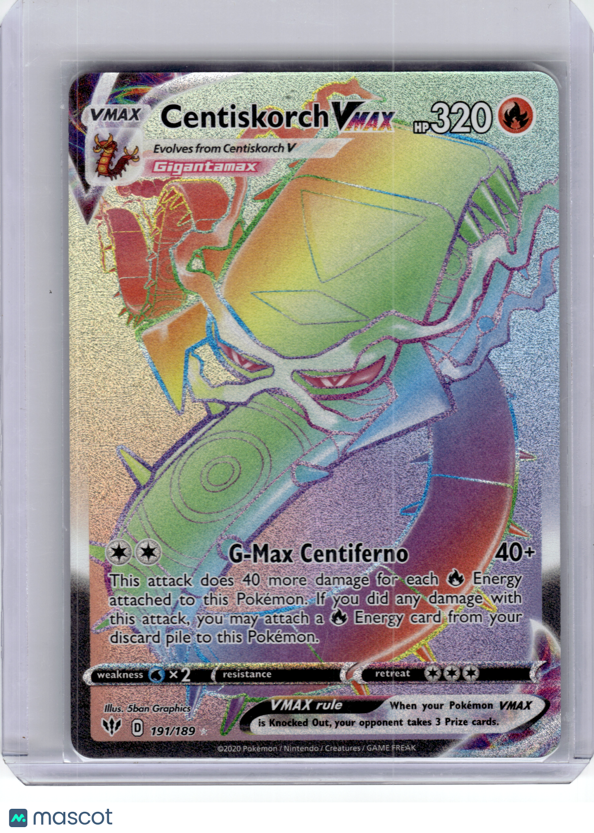 2020 Pokemon—Centiskorch VMAX #191 Darkness Ablaze—Secret Rare Rainbow