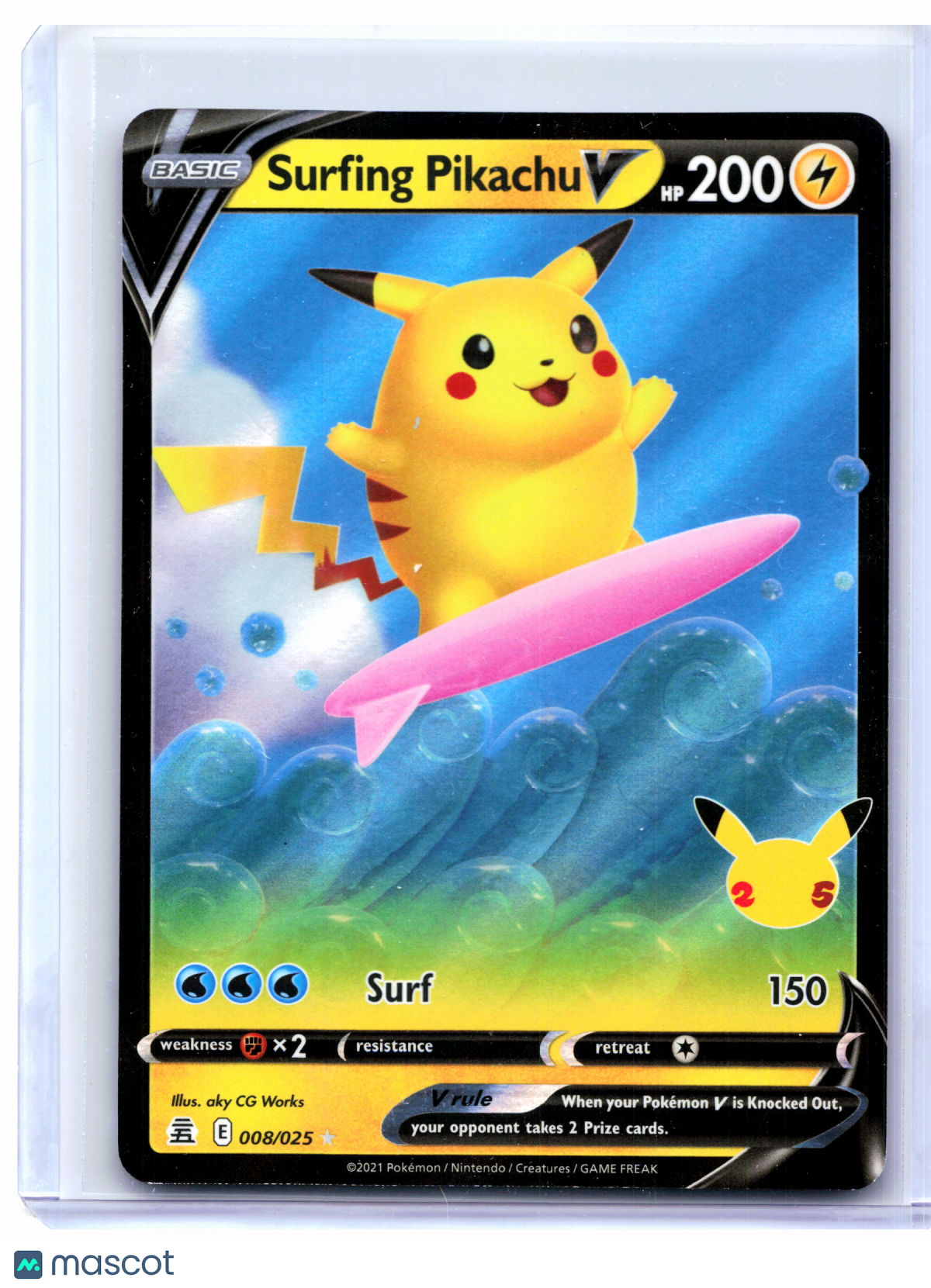 2021 Pokemon—Surfing Pikachu V #008/025 Celebrations—Ultra Rare Holo