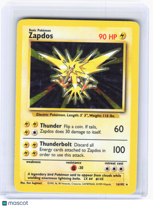 1999 Pokemon—Zapdos #16/102 Base Set—Rare Holo (Moderately Played)