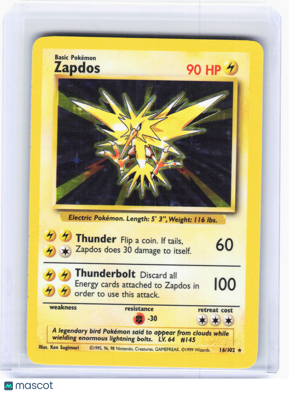 1999 Pokemon—Zapdos #16/102 Base Set—Rare Holo (Moderately Played)