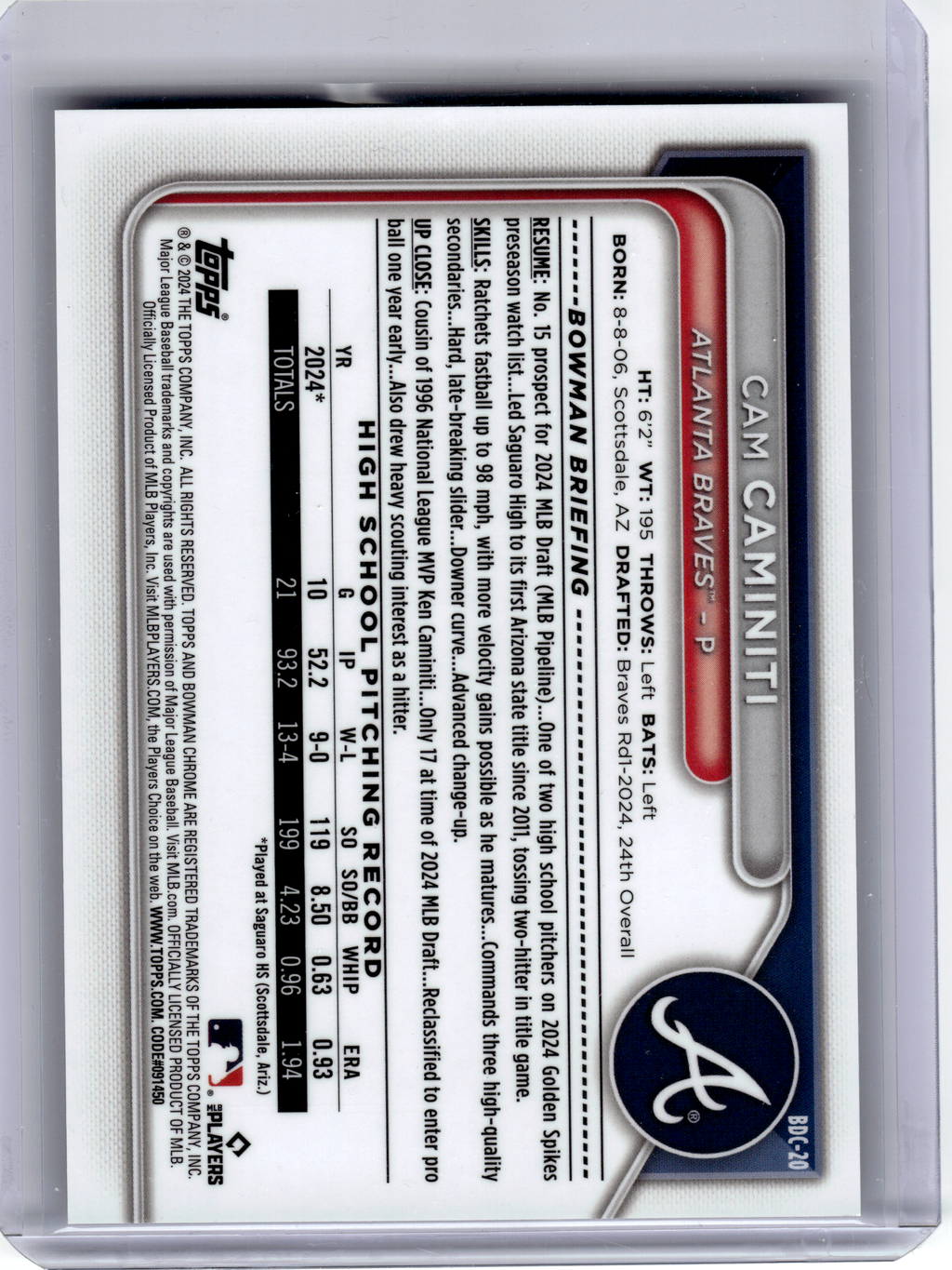 2024 Topps Chrome Draft Baseball—Cam Caminiti #BDC-20 Black Geometric 04/10