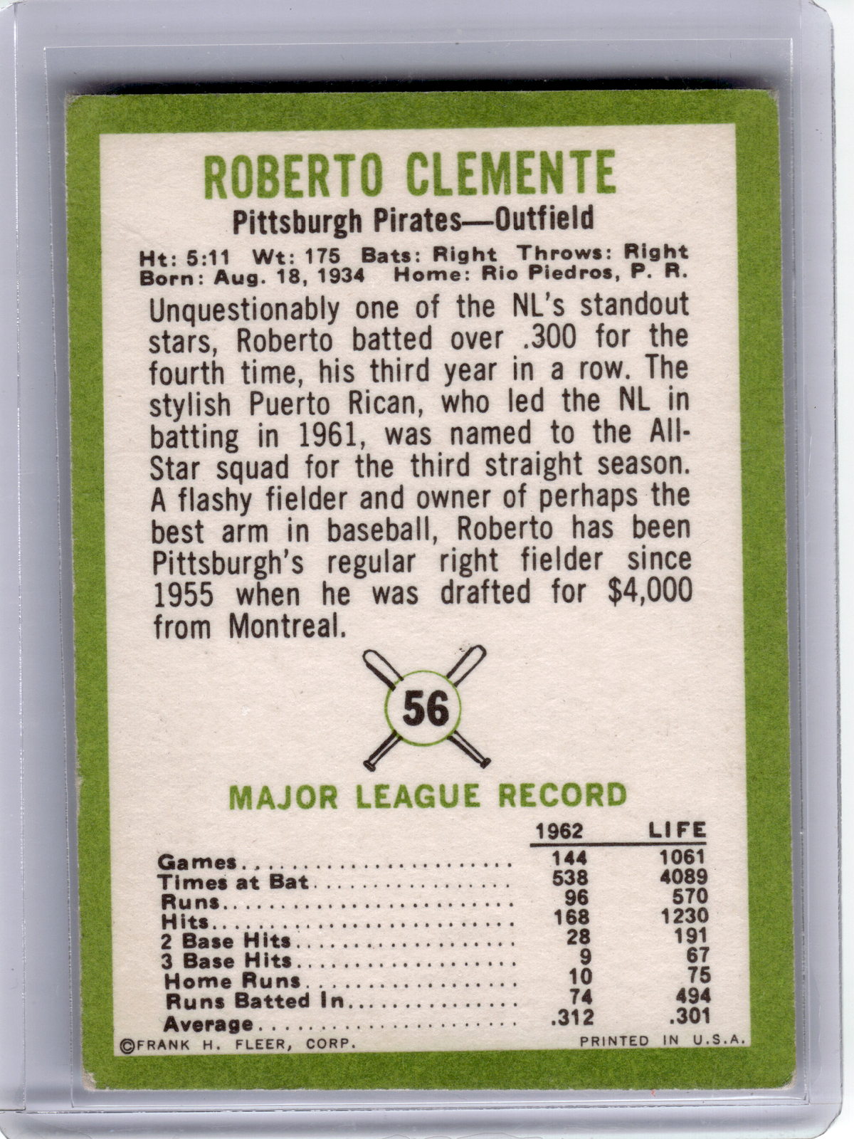 1963 Fleer Baseball—Roberto Clemente #56
