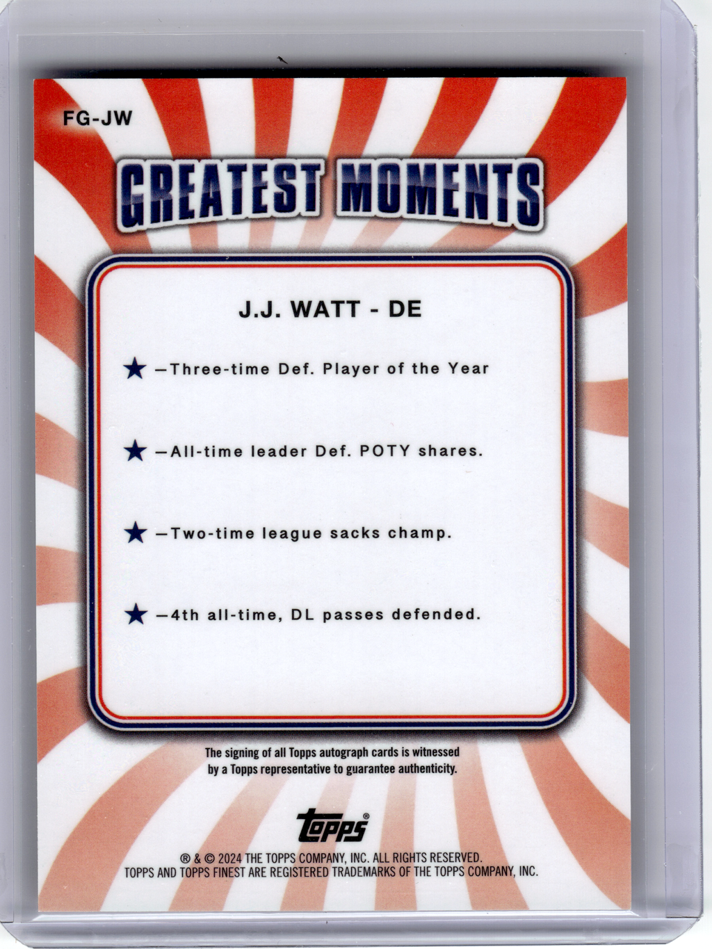 2024 Topps Finest Football—J.J. Watt #FG-JW Red Refractor 5/5