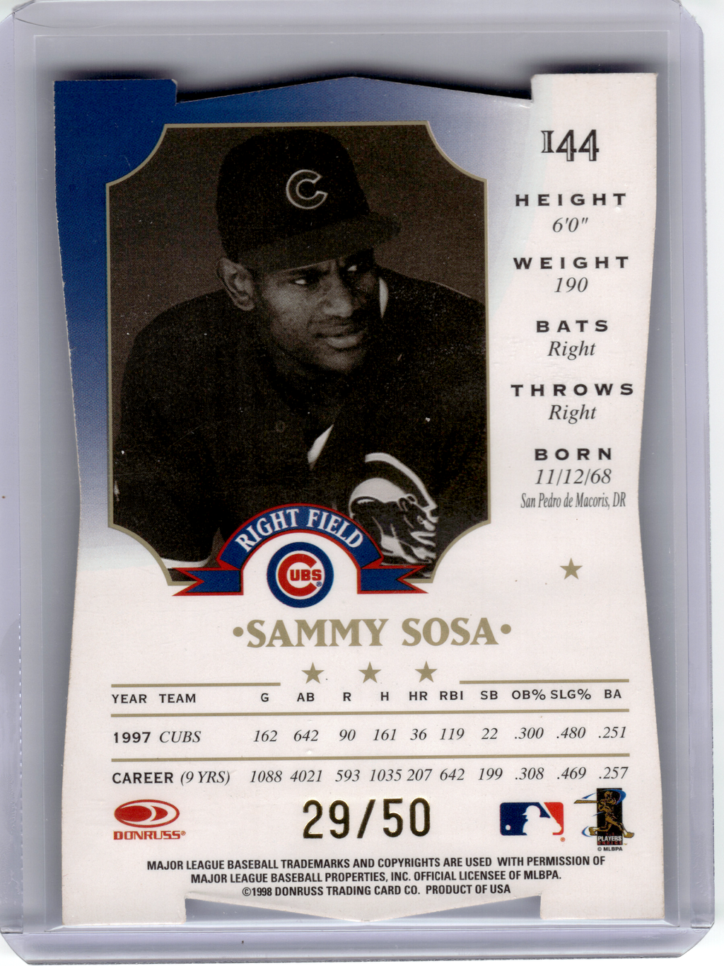 1998 Donruss Leaf Fractal Matrix Baseball—Sammy Sosa #144 Die-Cut 29/50
