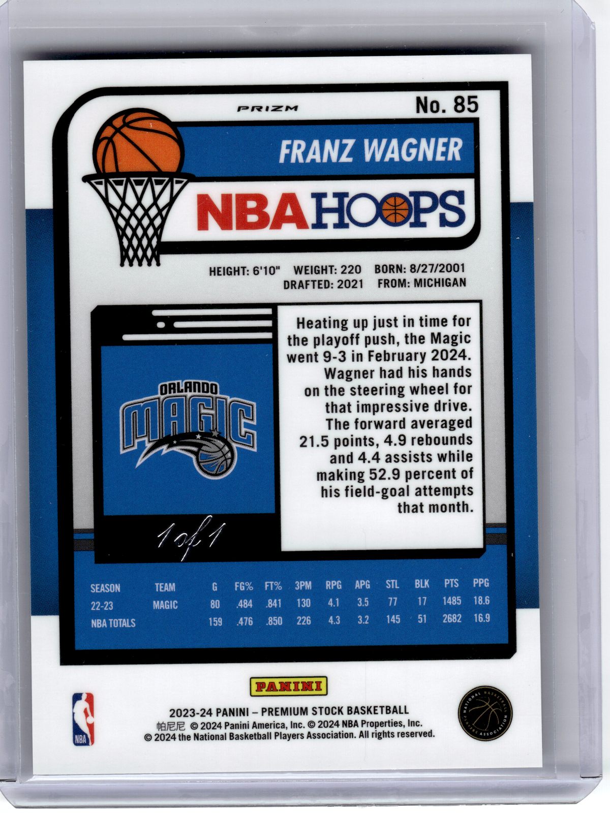 2024 Panini NBA Hoops Premium Stock Basketball—Franz Wagner #85 1 of 1