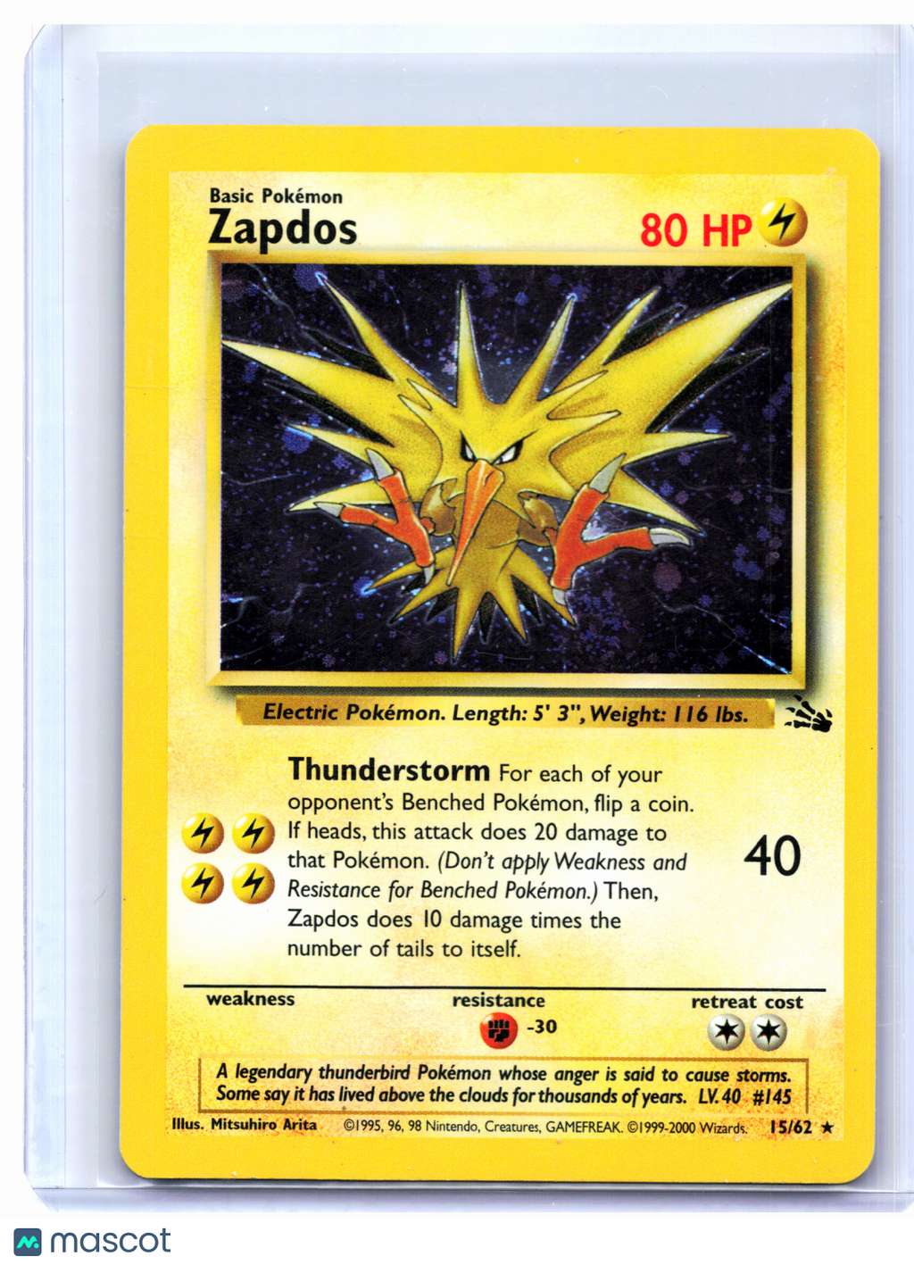 1999 Pokemon—Zapdos #15/62 Fossil—Holo Rare [Damaged]