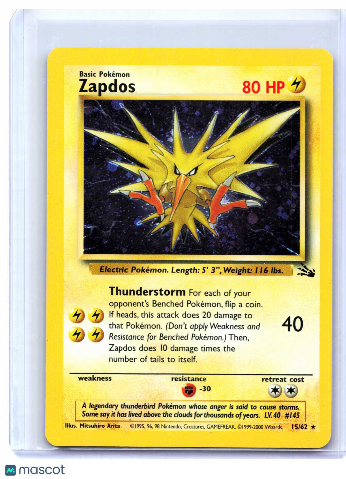 1999 Pokemon—Zapdos #15/62 Fossil—Holo Rare [Damaged]