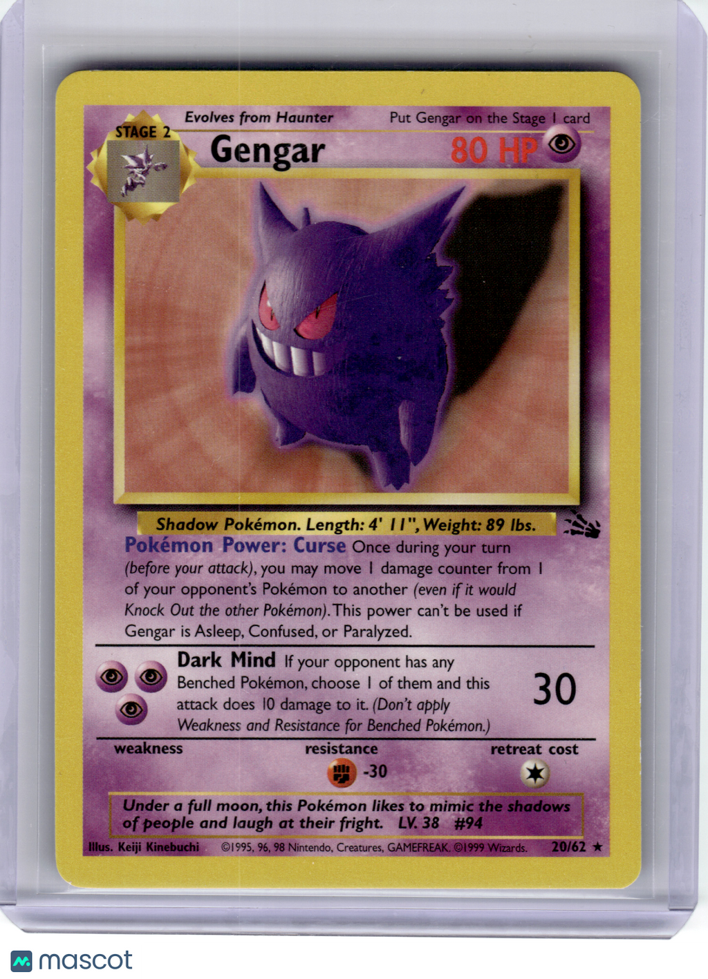 1999 Pokemon—Gengar #20 Fossil—Rare Regular [Moderately Played]