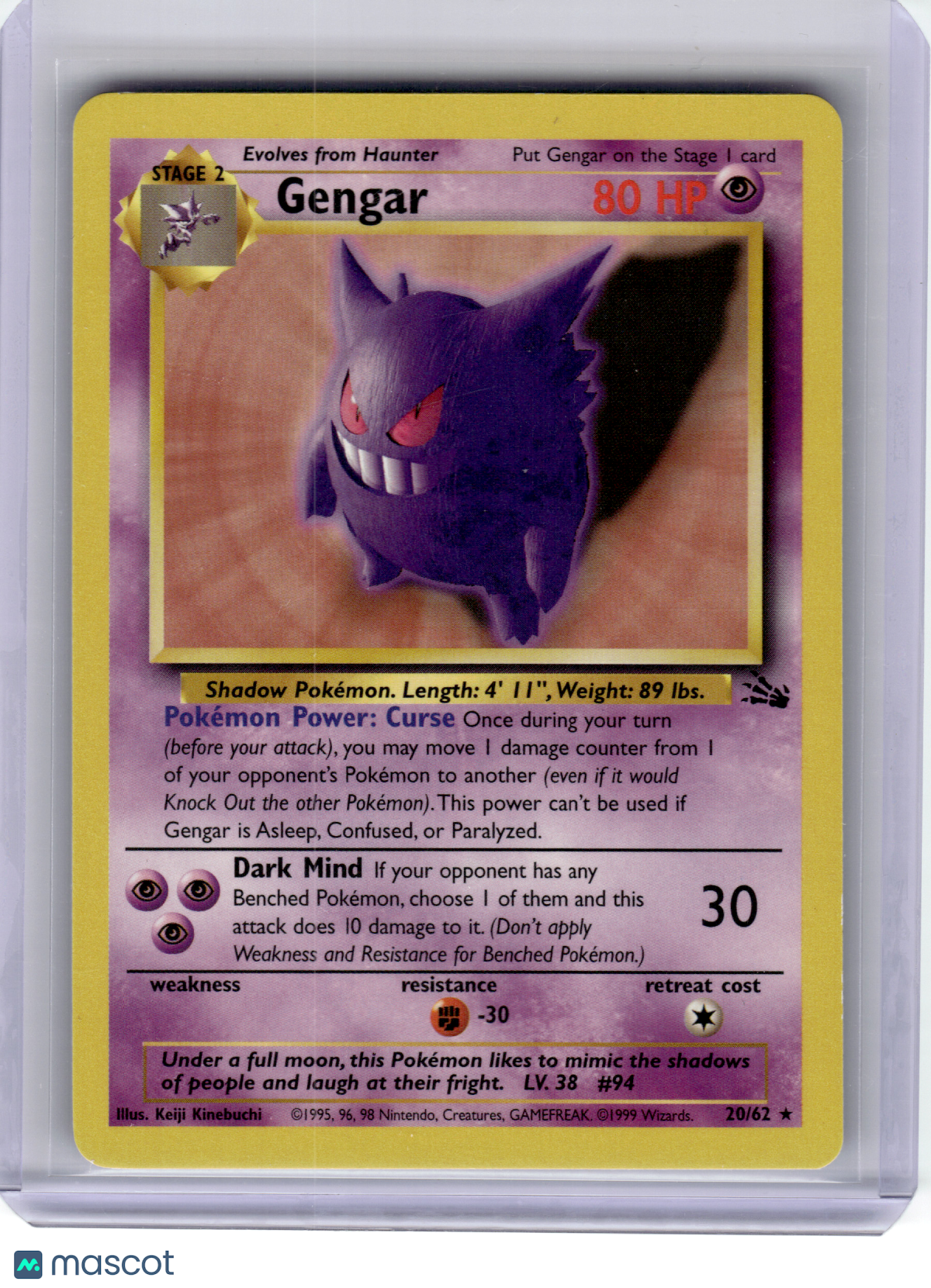 1999 Pokemon—Gengar #20 Fossil—Rare Regular [Moderately Played]
