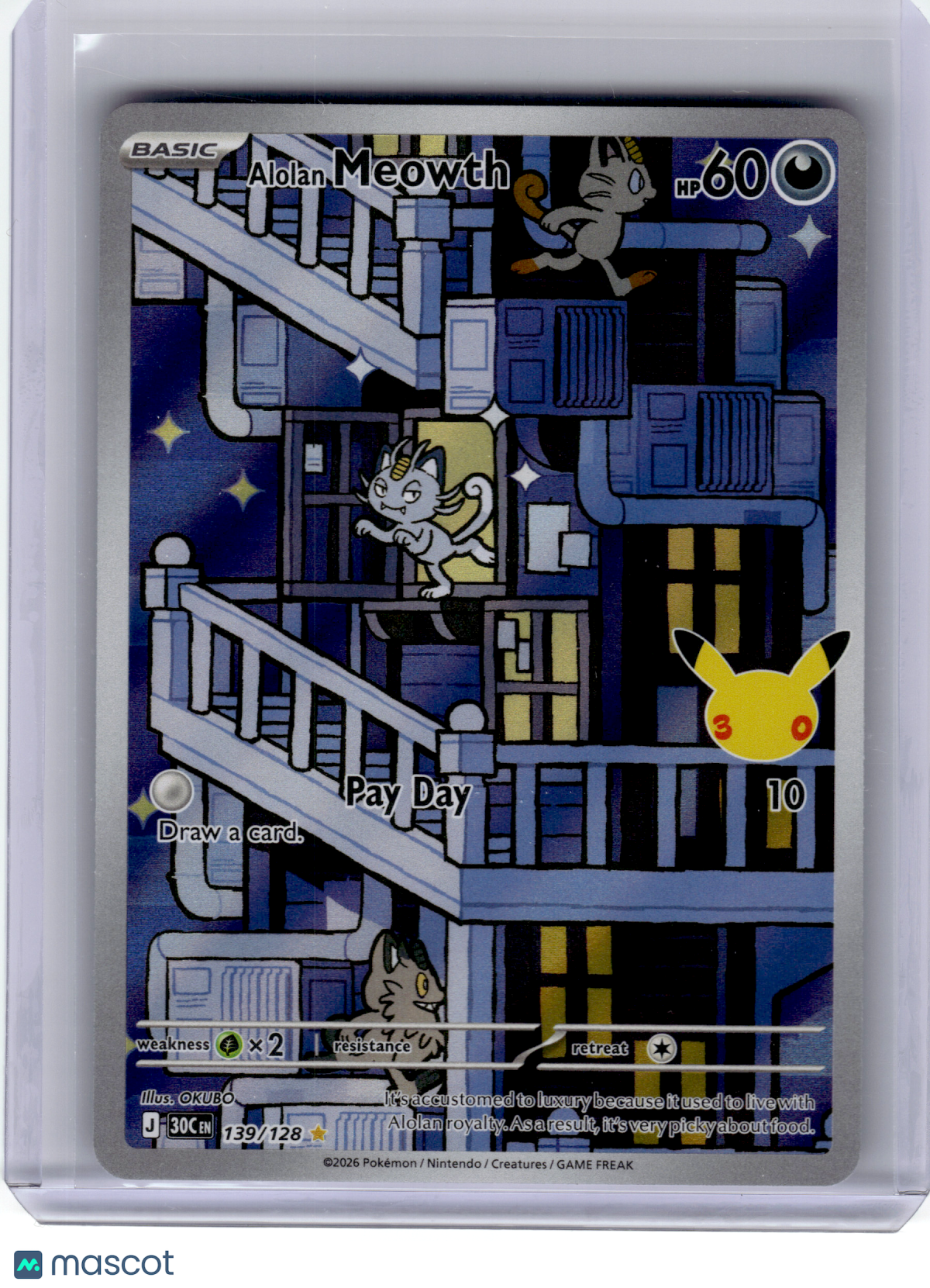 2026 Pokemon—Alolan Meowth #139 30th Celebration—Illustration Rare Holo