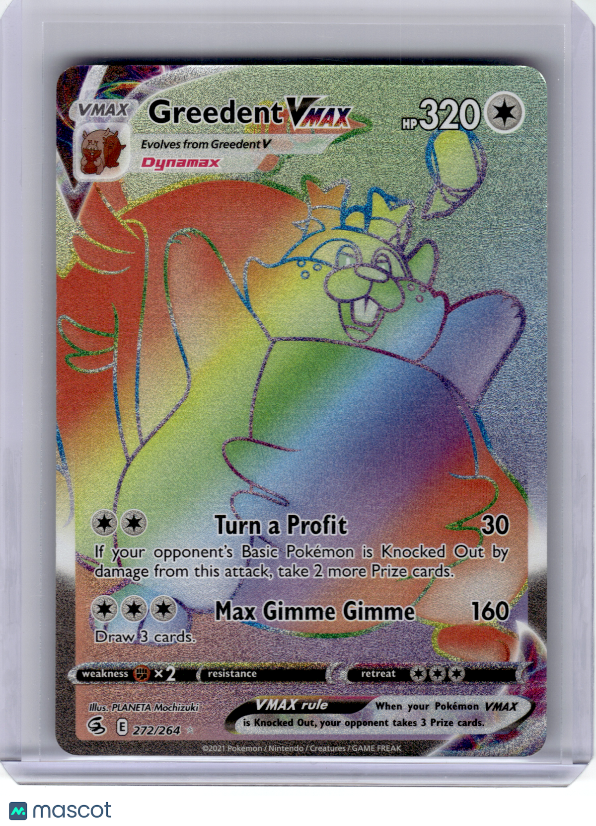 2022 Pokemon—Greedent VMAX #272 Fusion Strike—Secret Rare Rainbow [LP]