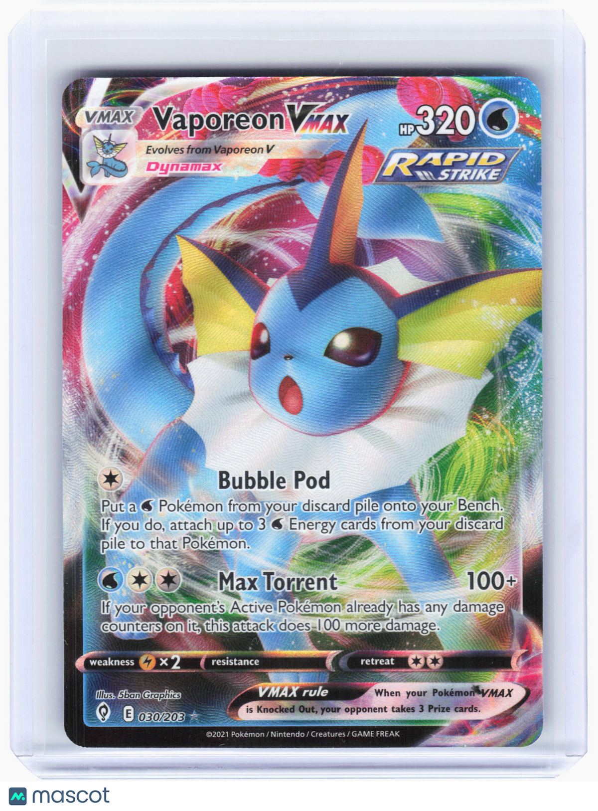 2021 Pokemon—Vaporeon VMAX #30/203 Evolving Skies—Ultra Rare Holo [Damaged]