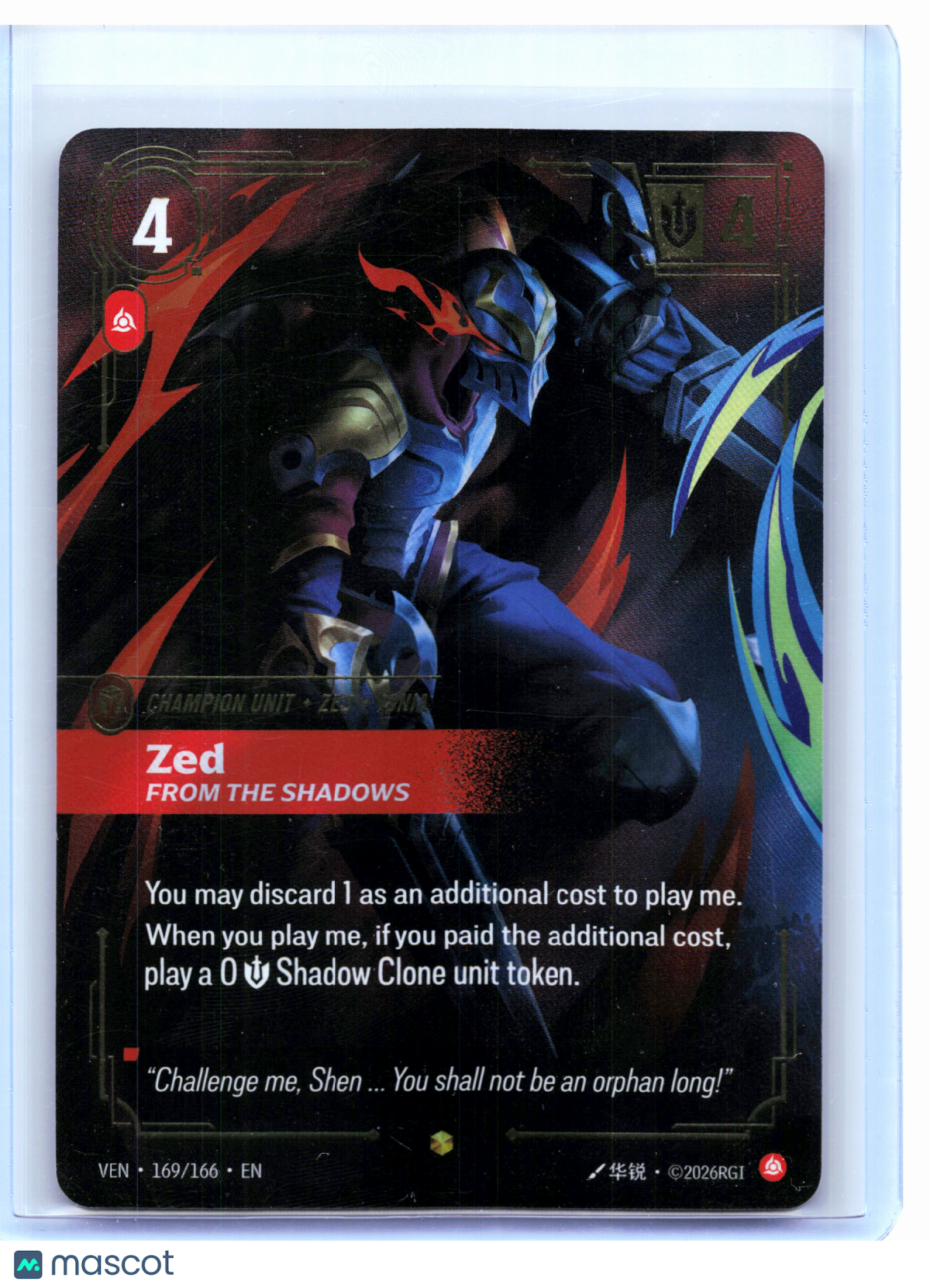 2026 Riftbound—Zed, From the Shadows #169/166 Vendetta—Showcase Foil