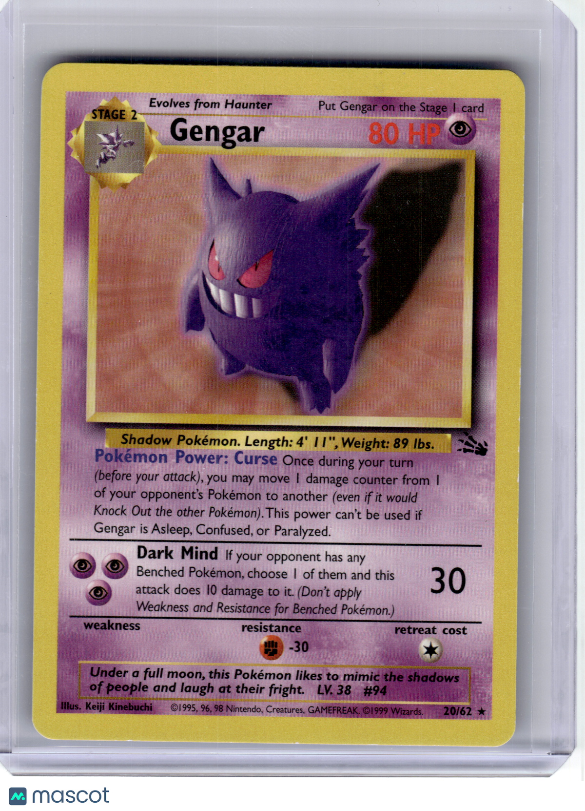 1999 Pokemon—Gengar #20 Fossil—Rare Non-Holo [Moderately Played]