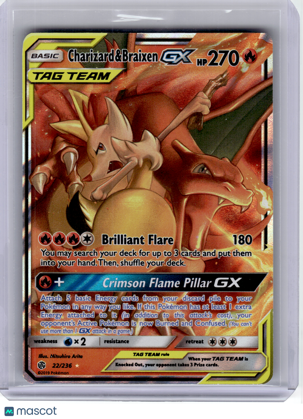 2019 Pokemon—Charizard & Braixen GX #22 Cosmic Eclipse—Ultra Rare Holo