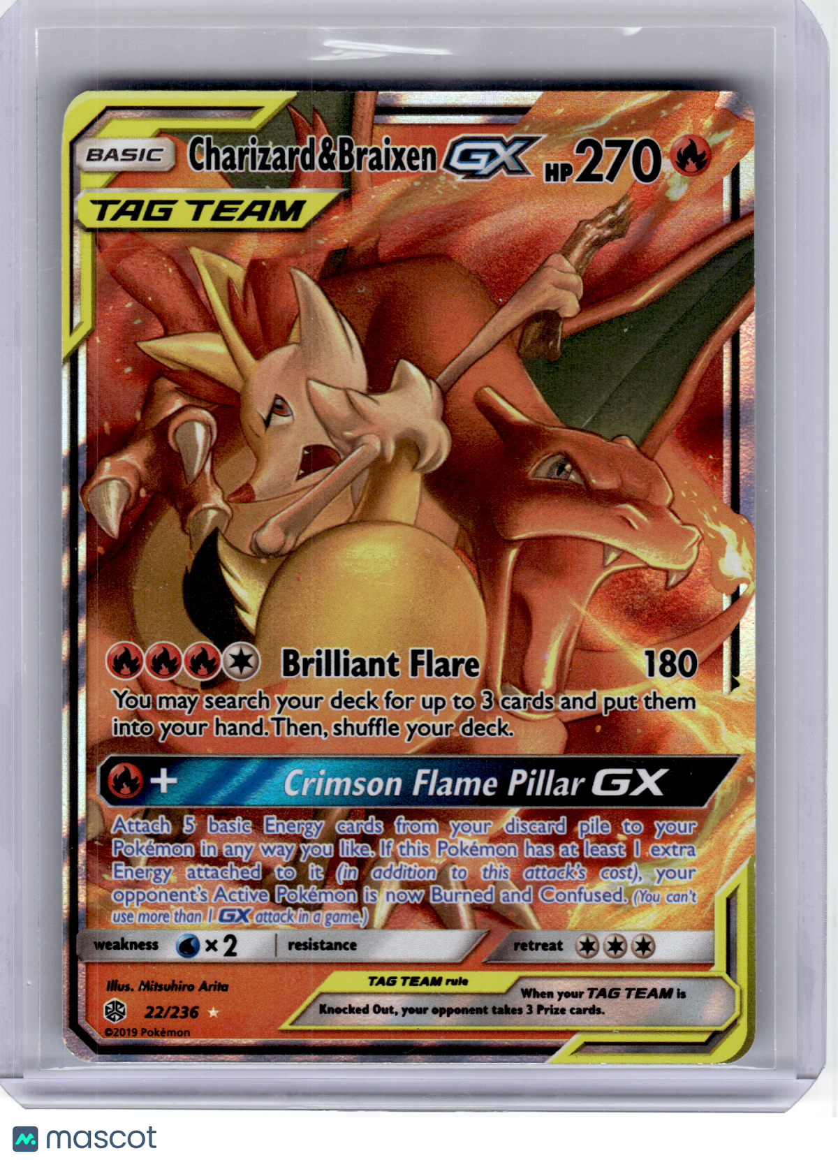 2019 Pokemon—Charizard & Braixen GX #22 Cosmic Eclipse—Ultra Rare Holo