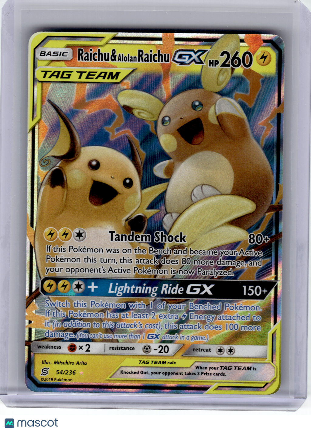 2019 Pokemon—Raichu & Alolan Raichu GX #54 Unified Minds—Ultra Rare Holo