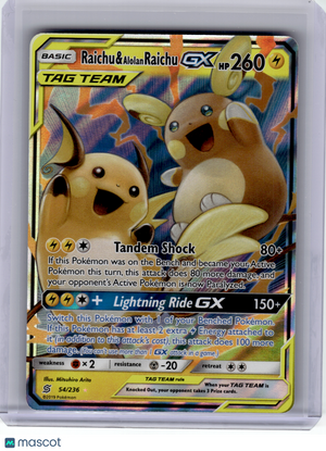 2019 Pokemon—Raichu & Alolan Raichu GX #54 Unified Minds—Ultra Rare Holo