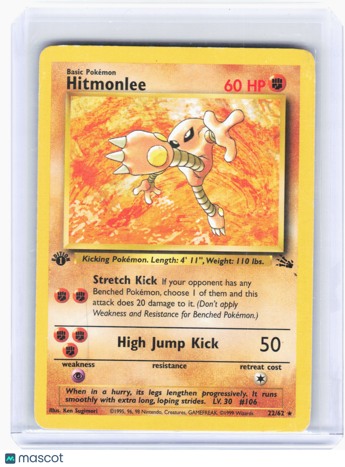 1999 Pokemon—Hitmonlee #22 Fossil—Rare Nonholo (1st Edition) [Heavily Played]