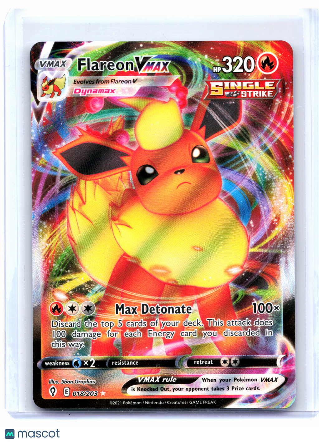 2021 Pokemon—Flareon VMAX #018/203 Evolving Skies—Ultra Rare Holo