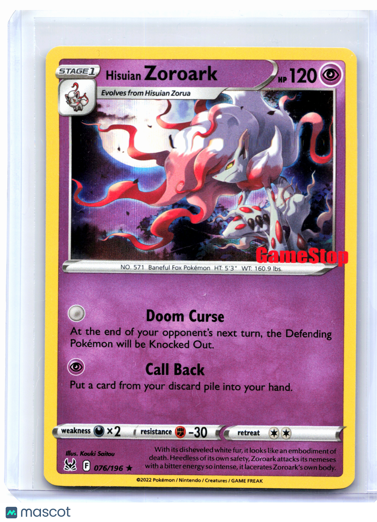 2022 Pokemon—Hisuian Zoroark (Gamestop Exclusive) #076/196 MCAP—Promo Holo