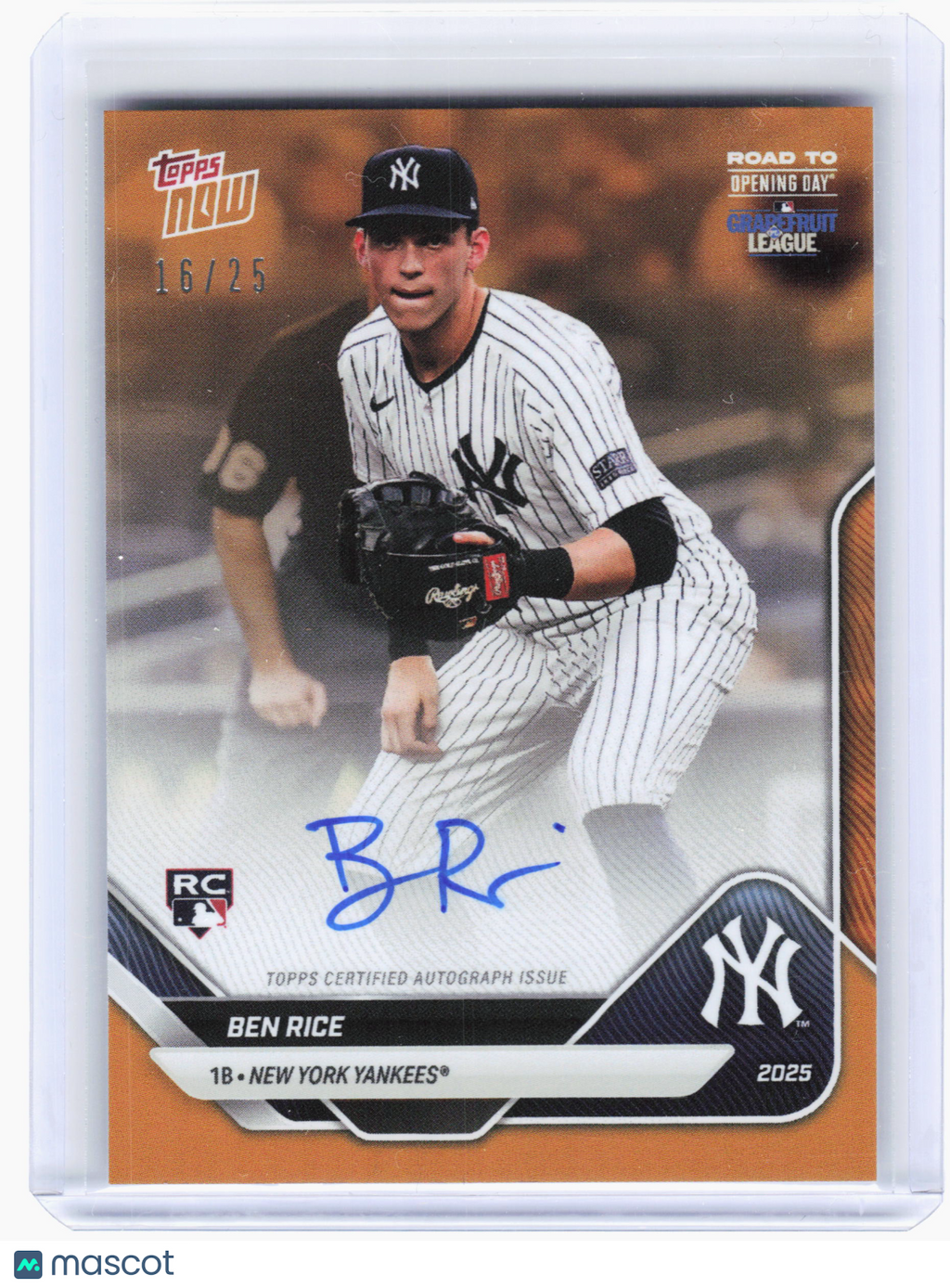 2025 Topps Now Road to Opening Day—Ben Rice #A-BR Orange Auto RC 16/25
