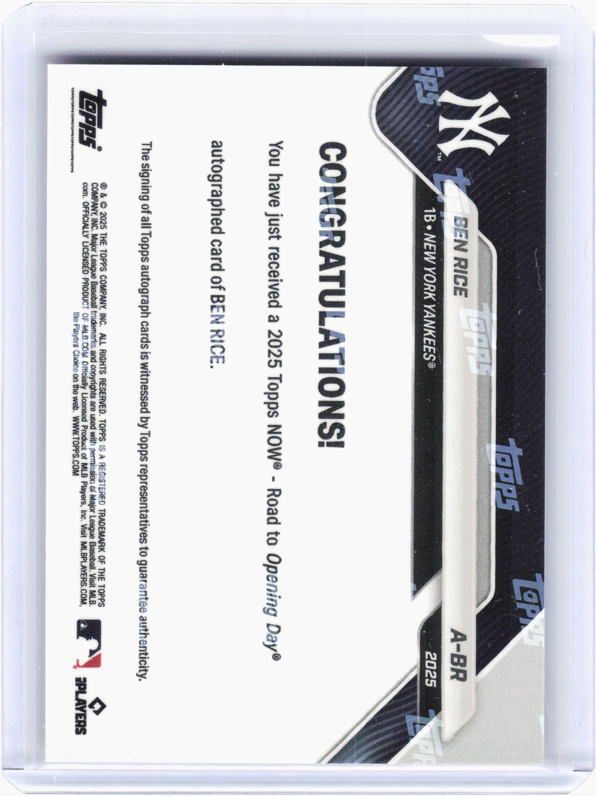 2025 Topps Now Road to Opening Day—Ben Rice #A-BR Orange Auto RC 16/25