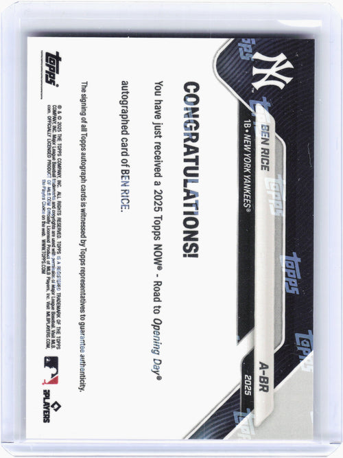 2025 Topps Now Road to Opening Day—Ben Rice #A-BR Orange Auto RC 16/25
