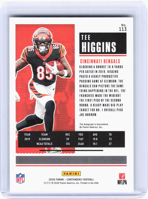 2020 Contenders Football—Tee Higgins #113 Red Zone Ticket Rookie Auto 20/23