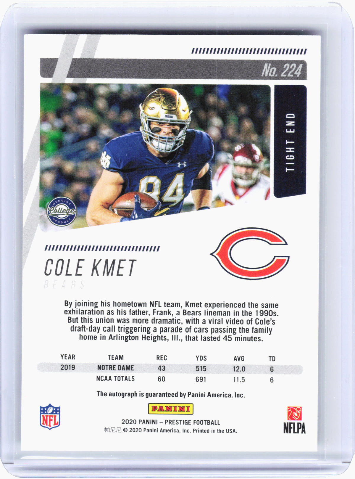 2020 Panini Prestige Football—Cole Kmet #224 Xtra Points Green Rookie Auto