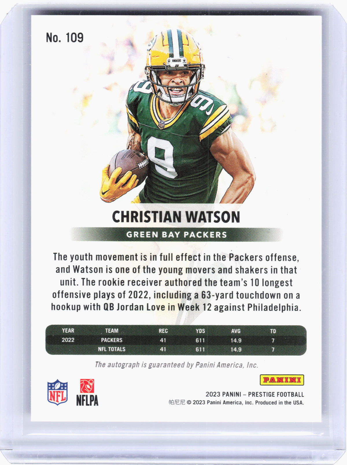 2023 Panini Prestige Football—Christian Watson #109 Xtra Points Pink Auto 15/25