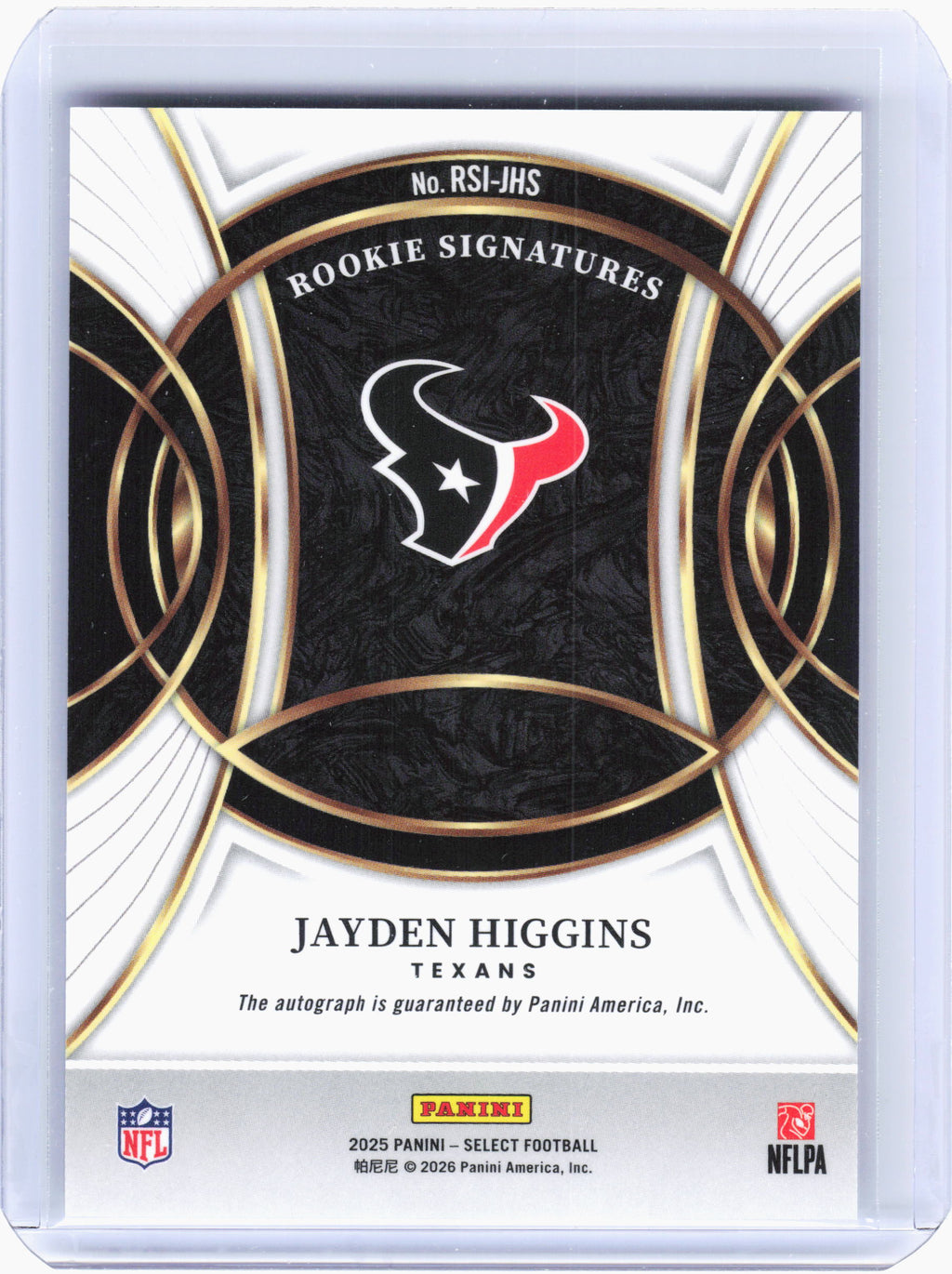 2025 Panini Select Football—Jayden Higgins #RSI-JHS Rookie Auto Texans
