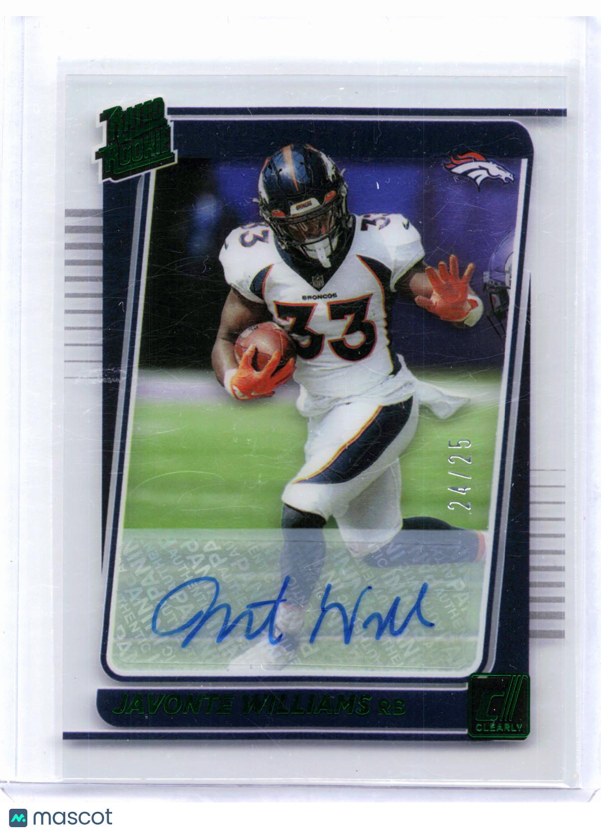 2022 Panini Clearly Donruss Football—Javonte Williams #75 Green Rookie 24/25 RC