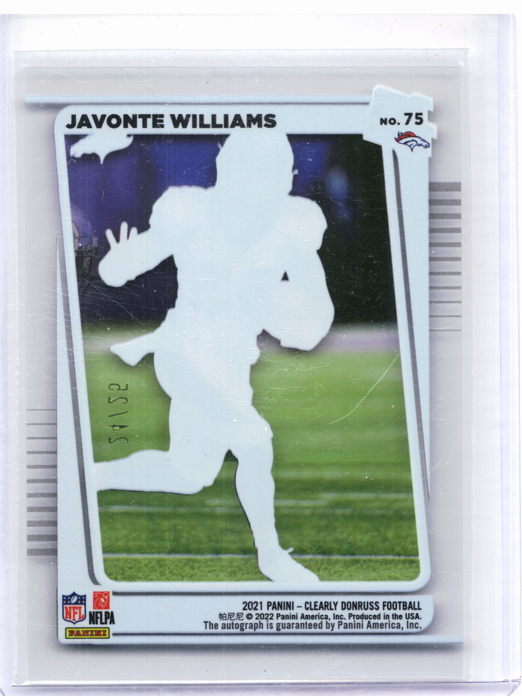 2022 Panini Clearly Donruss Football—Javonte Williams #75 Green Rookie 24/25 RC