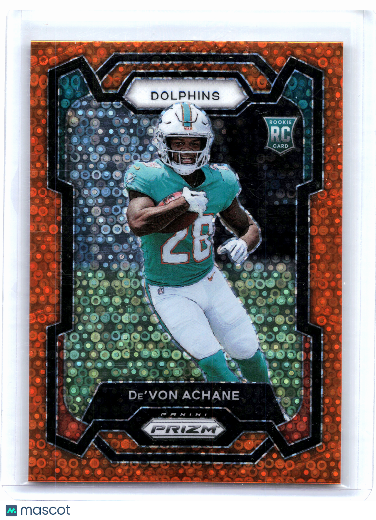 2023 Panini Prizm Football—De'Von Achane #365 Orange Disco Rookie RC Dolphins