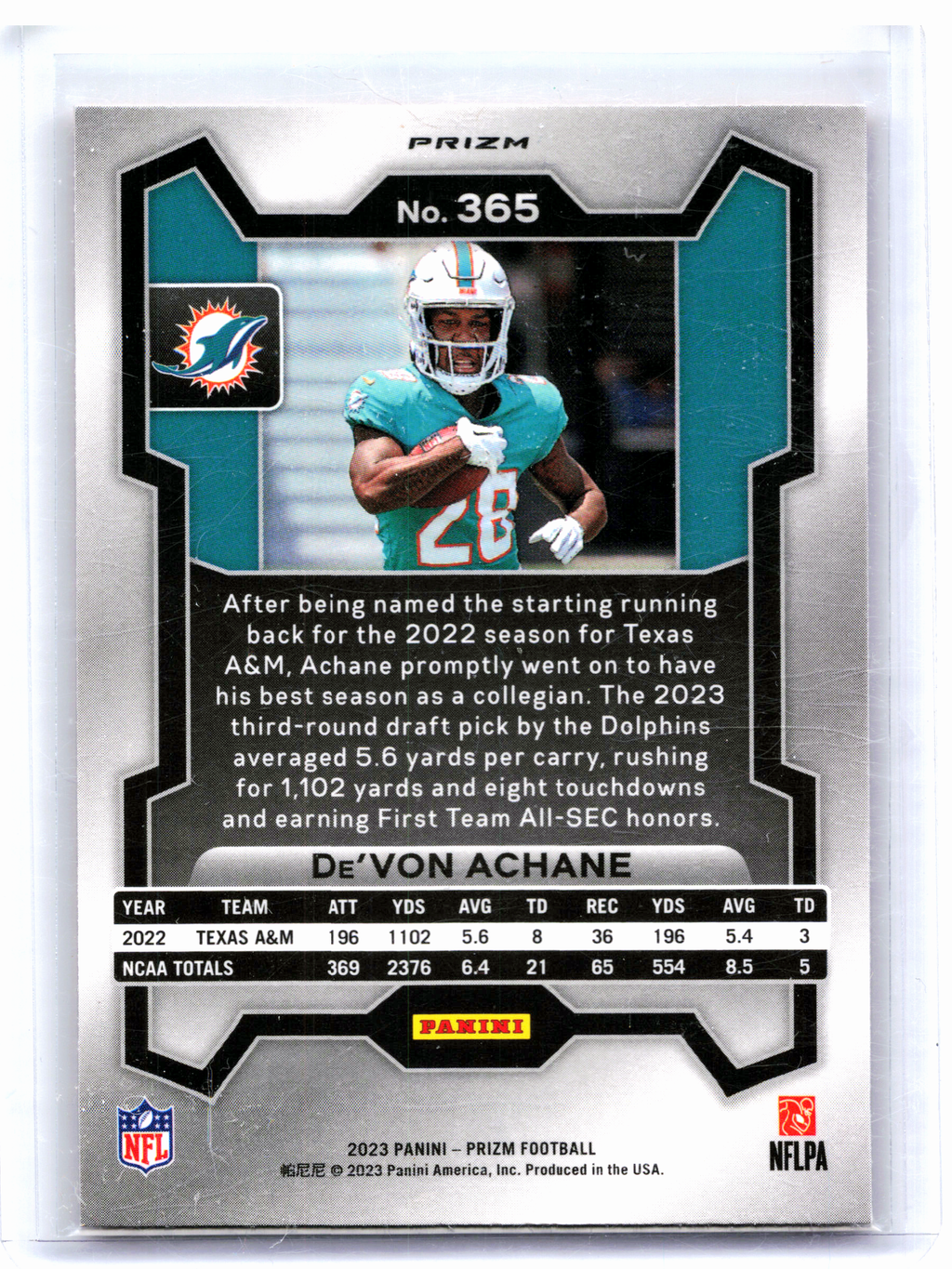 2023 Panini Prizm Football—De'Von Achane #365 Orange Disco Rookie RC Dolphins