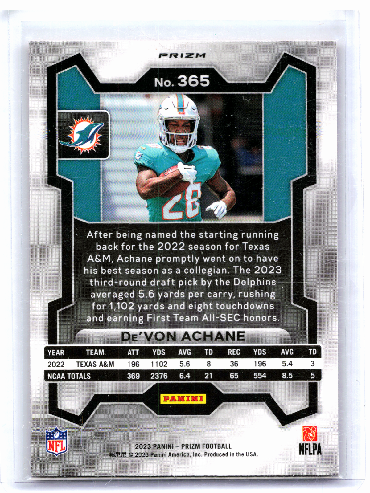 2023 Panini Prizm Football—De'Von Achane #365 Orange Disco Rookie RC Dolphins