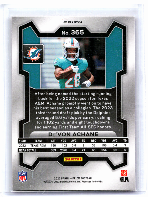 2023 Panini Prizm Football—De'Von Achane #365 Orange Disco Rookie RC Dolphins