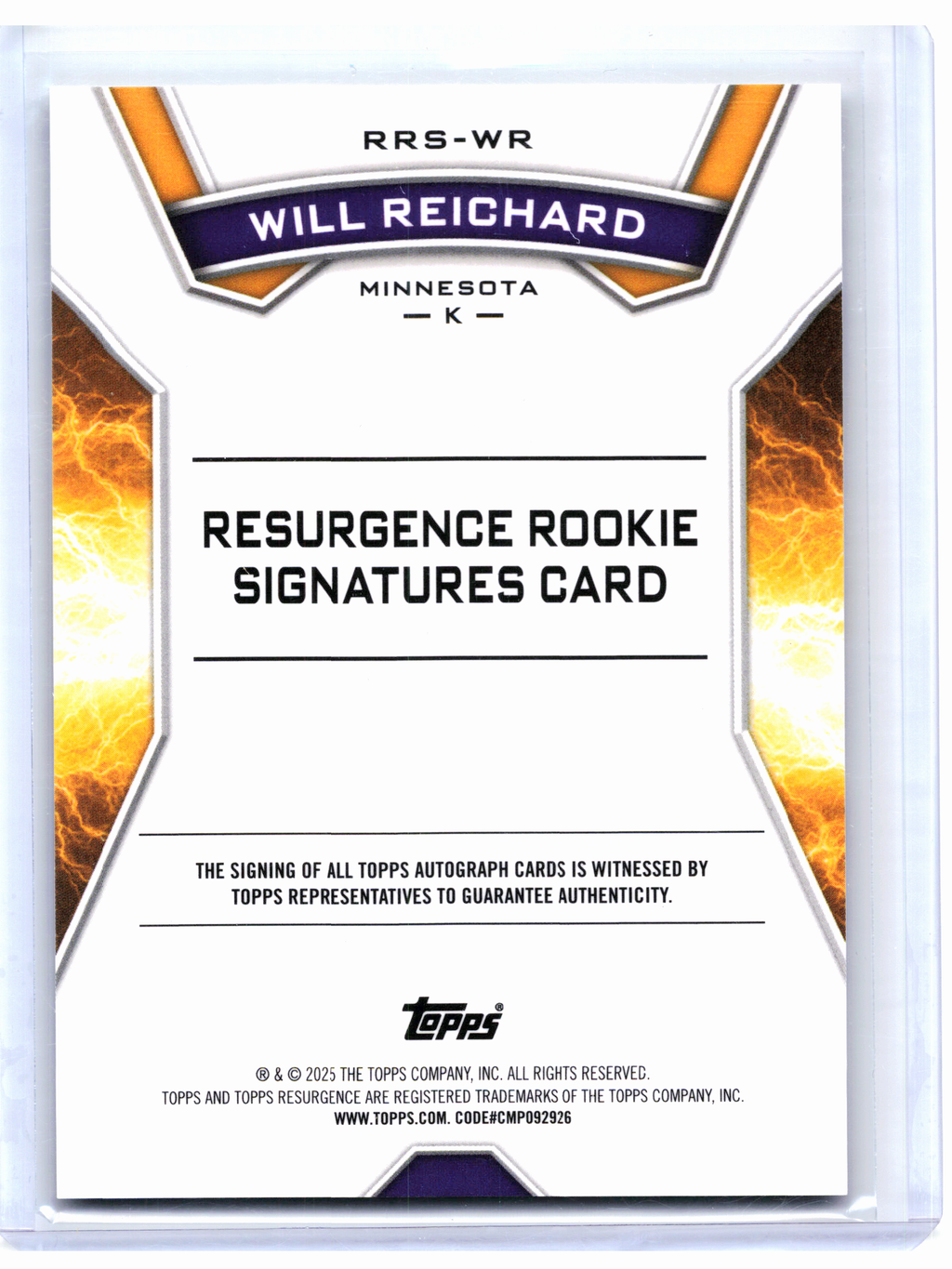 2025 Topps Resurgence Football—Will Reichard #RRS-WR Rookie Auto Vikings