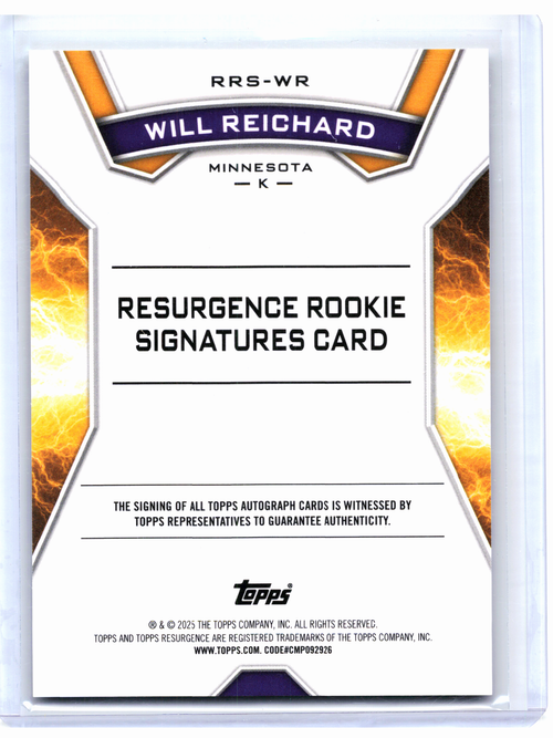 2025 Topps Resurgence Football—Will Reichard #RRS-WR Rookie Auto Vikings