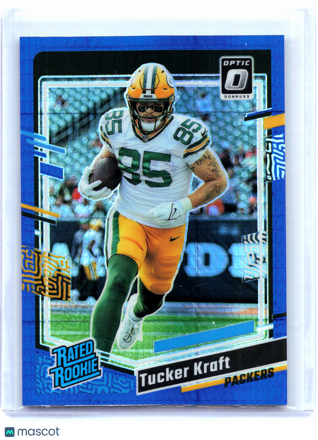 2023 Panini Donruss Optic Football—Tucker Kraft #243 Blue Hyper Rookie  Packers