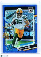 2023 Panini Donruss Optic Football—Tucker Kraft #243 Blue Hyper Rookie  Packers