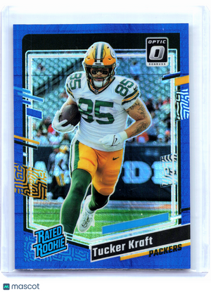 2023 Panini Donruss Optic Football—Tucker Kraft #243 Blue Hyper Rookie  Packers
