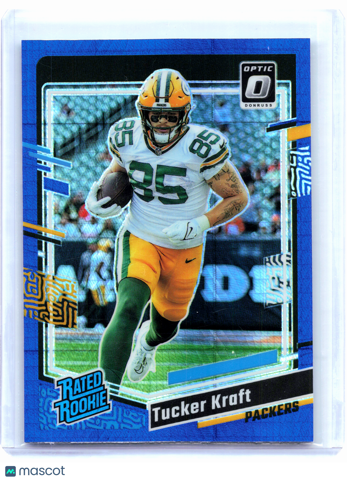 2023 Panini Donruss Optic Football—Tucker Kraft #243 Blue Hyper Rookie  Packers